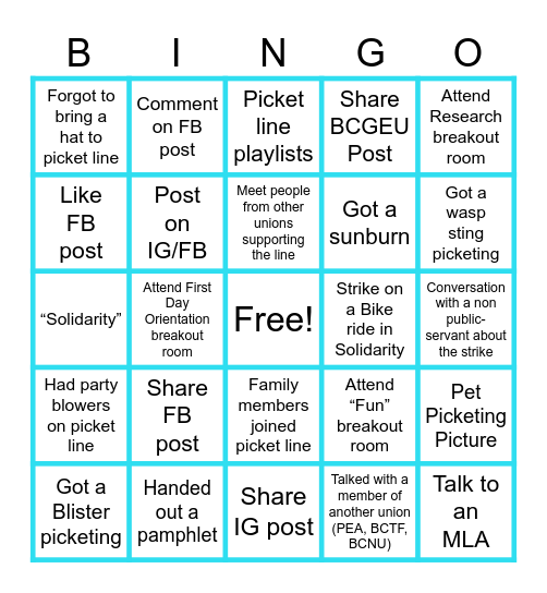 BCGEU 2025 Strike Bingo Card
