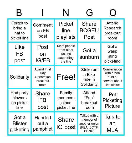 BCGEU 2025 Strike Bingo Card