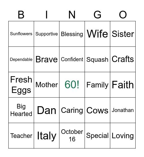 Joanna' 60th Birthday Bingo Card