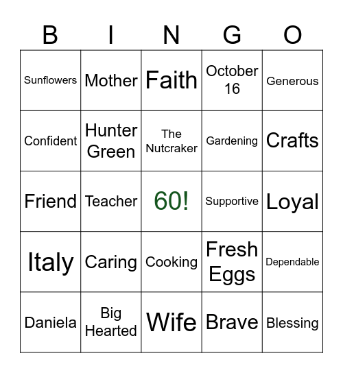 Joann's 60th Birthday Bingo Card
