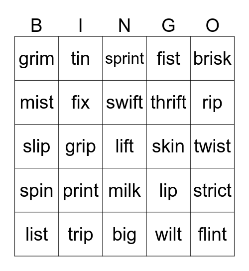 Short i Bingo Card
