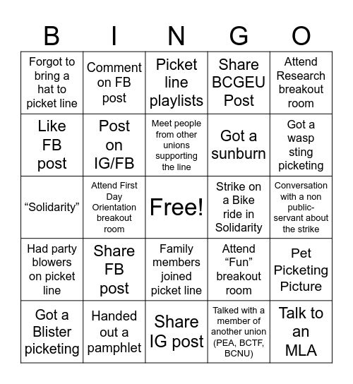BCGEU 2025 Strike Bingo Card