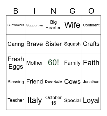 Joanna's 60th Birthday Bingo Card
