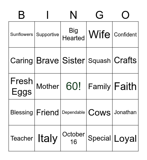 Joanna's 60th Birthday Bingo Card