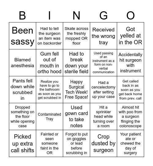Surgical Tech BINGO Card