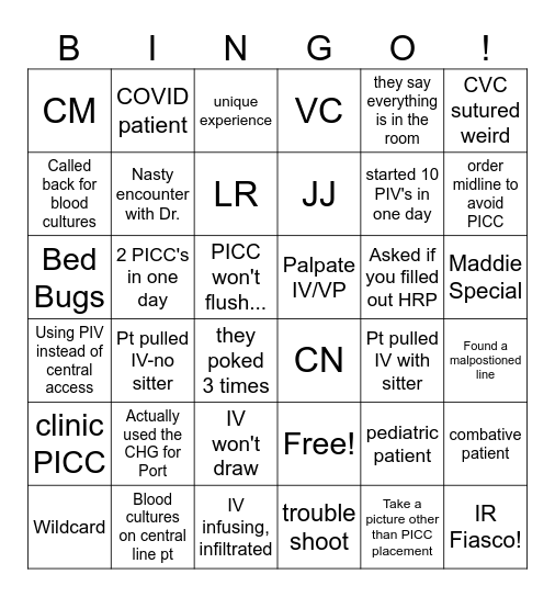 Vascular Access Bingo Card