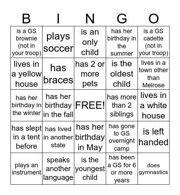 Girl Scout   Bingo - Find a girl who... Bingo Card