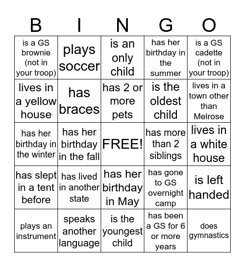 Girl Scout   Bingo - Find a girl who... Bingo Card