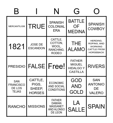 SPANISH COLONIAL ERA Bingo Card