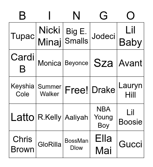 Hip Hop Mix Up Bingo Card