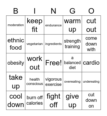 Health and Fitness Vocabulary Bingo Card