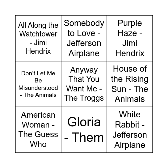 Game One Bingo Card