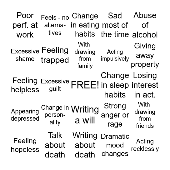 Suicide Prevention - What to Look For Bingo Card