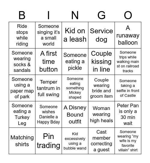 Disneyland Bingo Card