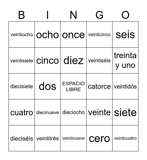 Números 0 - 31 Bingo Card