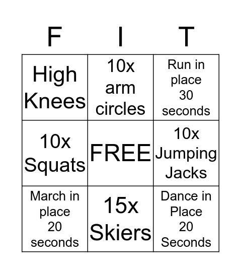 Fitness Bingo Card