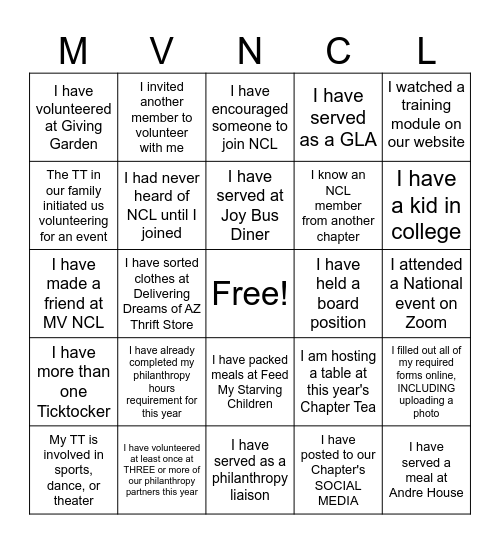 National Charity League Bingo Card