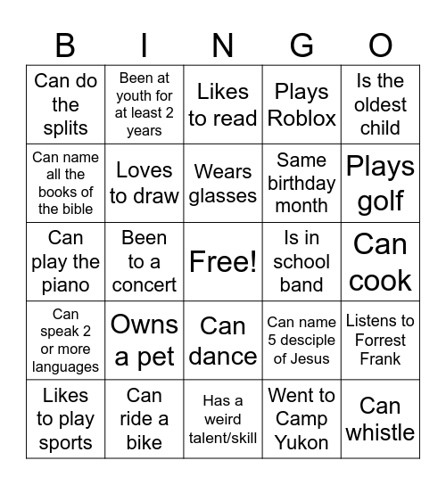 RPC Youth Bingo Card