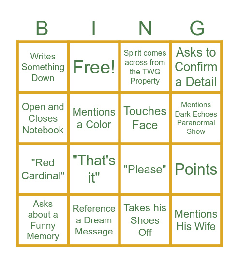 Greg Nicholas Says or Does BINGO Card