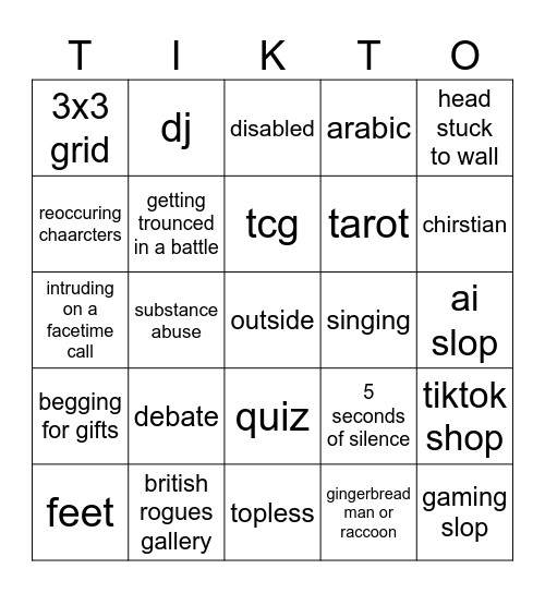 tikttok stream Bingo Card