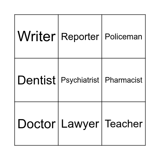 Professions Bingo Card