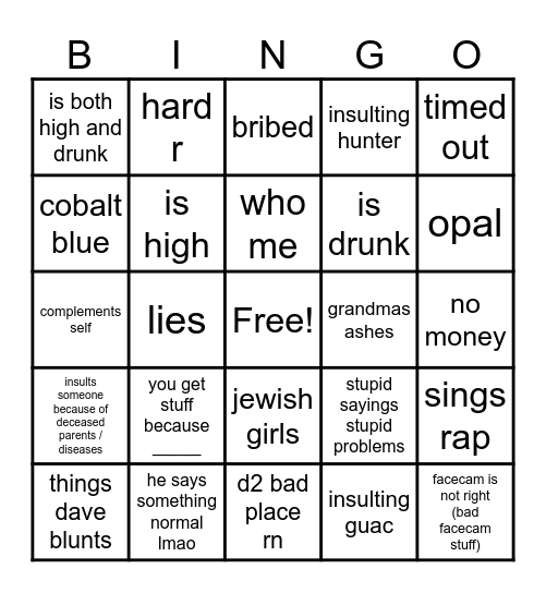 Colins Bingo Card