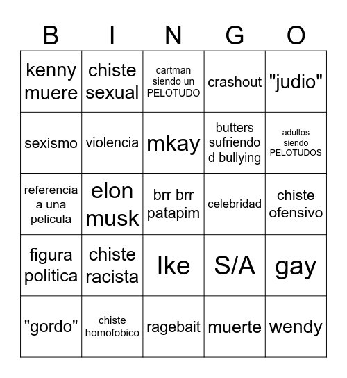 south park bingo Card