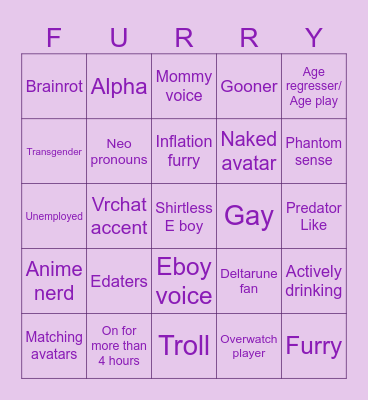 Vrchat bingo Card