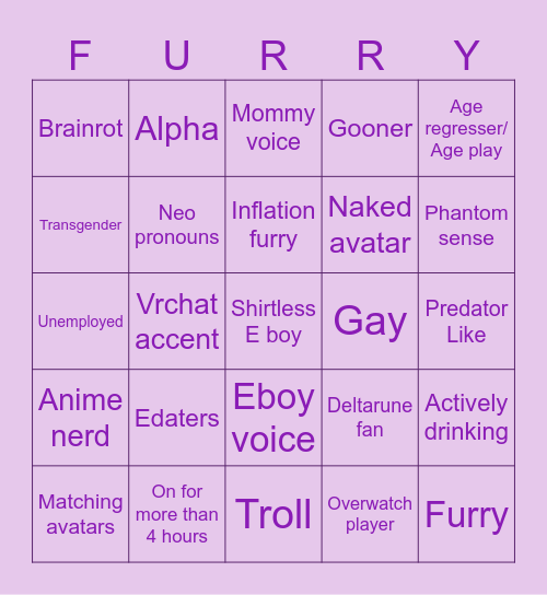 Vrchat bingo Card