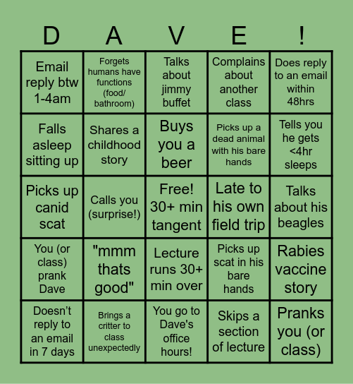 DAVE-isms Bingo Card