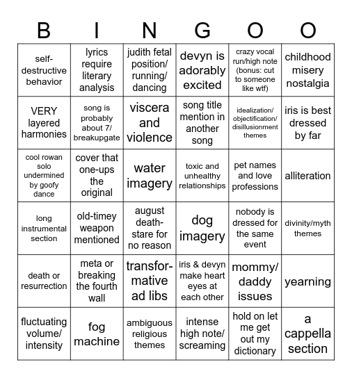 turmoil song/performance bingo Card