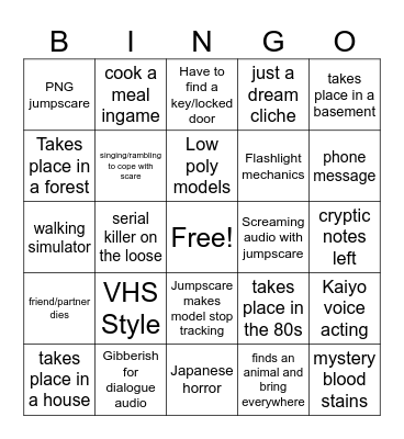 Kaiyo Horror Bingo Card