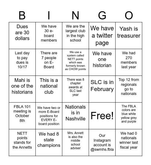 FBLA Bingo Card