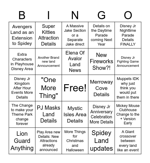 Disney Jr Kingdom Direct #5 Bingo Card