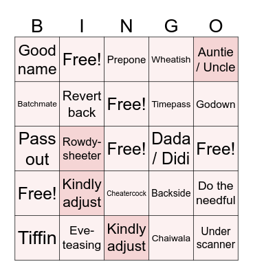 INDIA ENGLISH VOCABULARY Bingo Card