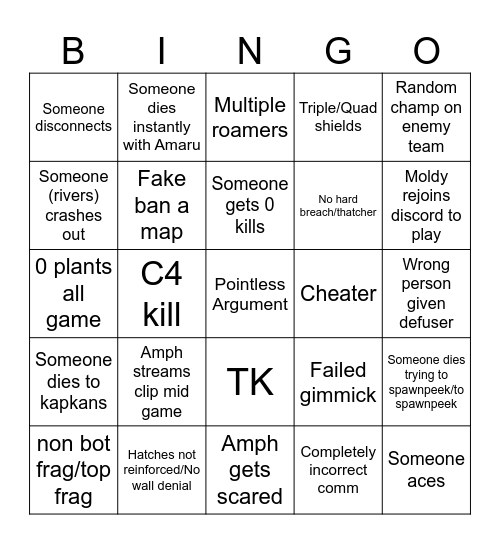 Siege Bingo Card