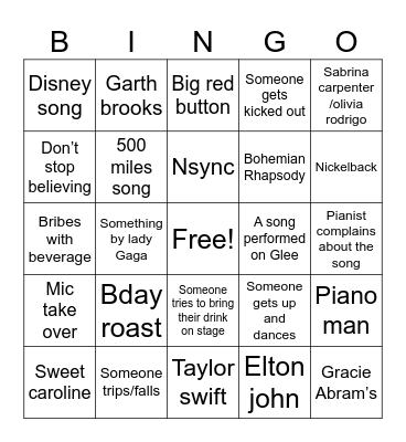 Dueling piano Bingo Card