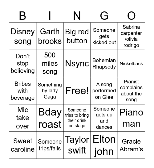 Dueling piano Bingo Card