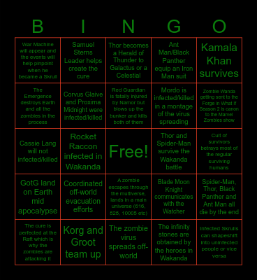 Marvel Zombies Show Prediction Bingo Card