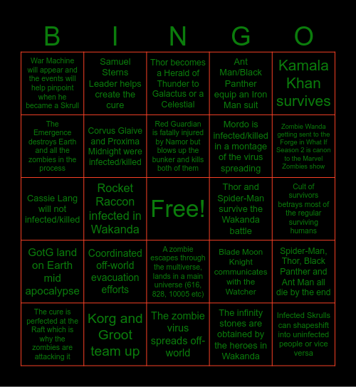 Marvel Zombies Show Prediction Bingo Card