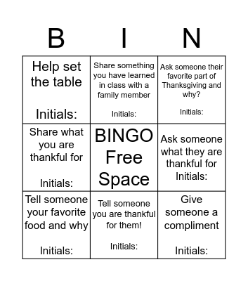 Extra Credit Thanksgiving Bingo Card