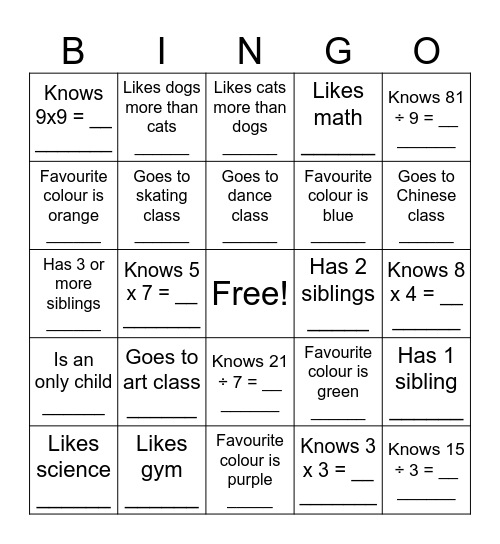 Grade 3 Icebreaker Bingo Card