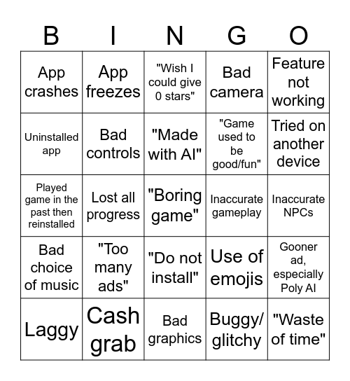 Google Play Critical Reviews Bingo Card