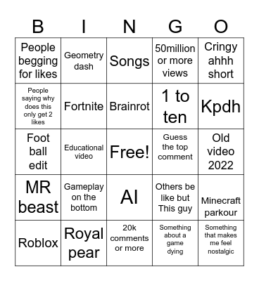 Youtube shorts bingo Card