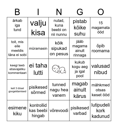 Kätlini beebipidu Bingo Card