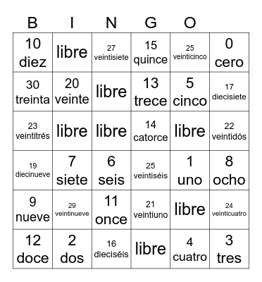 Los números 1-30 Bingo Card