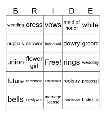 Wedding Words Bingo Card