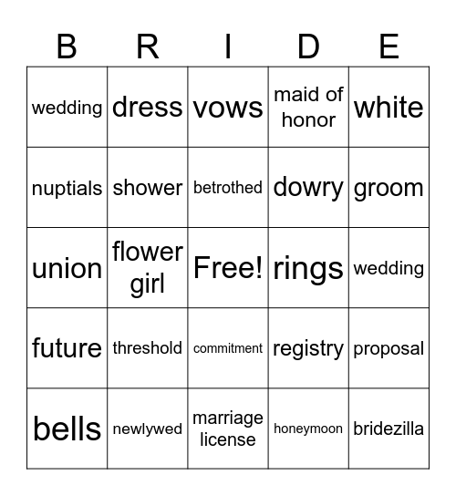 Wedding Words Bingo Card