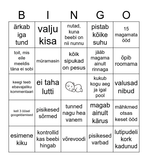 Kätlini beebipidu Bingo Card