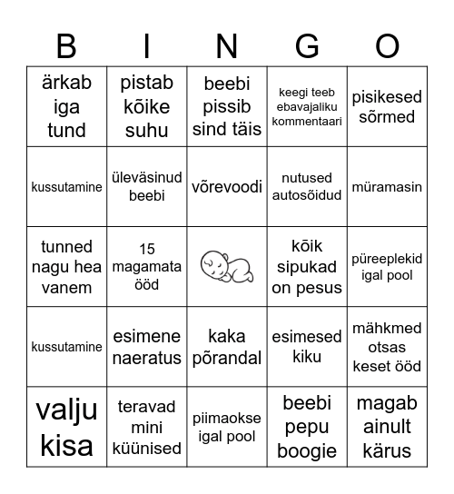 Kätlini beebipidu Bingo Card